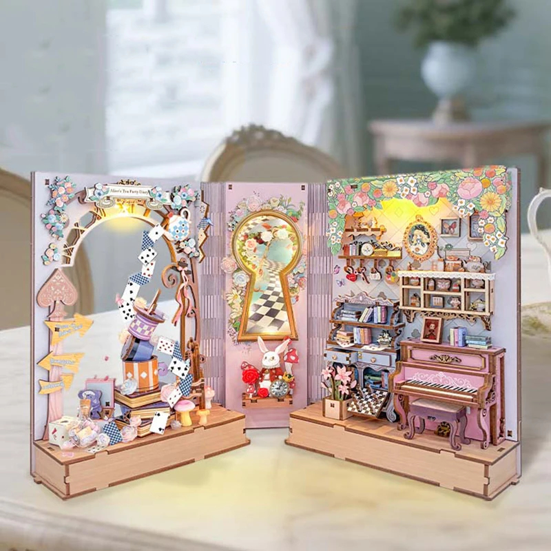 Diy Wooden Book Nook Kit Shelf Insert - مجموعة نموذج مصغر لحفلة شاي الأميرة